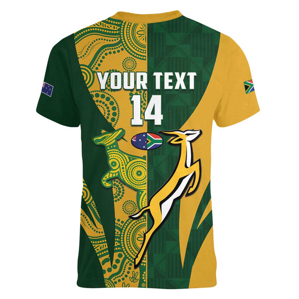 South Africa Australia Rugby Custom Women V-Neck T-Shirt Springboks Wallabies Together - Aussie Hoodie