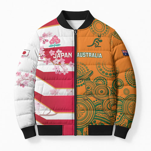Australia and Japan Rugby Custom Bomber Puffer Jacket Wallabies Brave Blossoms Together