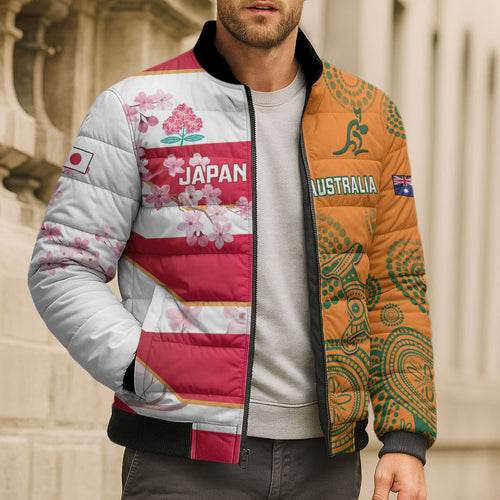Australia and Japan Rugby Custom Bomber Puffer Jacket Wallabies Brave Blossoms Together