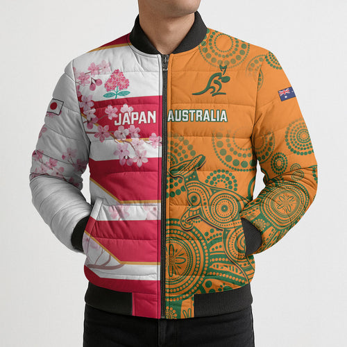 Australia and Japan Rugby Custom Bomber Puffer Jacket Wallabies Brave Blossoms Together