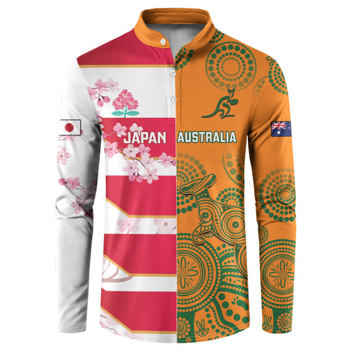 Australia and Japan Rugby Custom Button Sweatshirt Wallabies Brave Blossoms Together