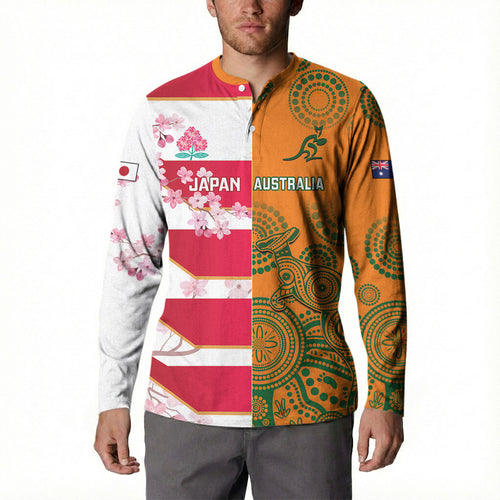 Australia and Japan Rugby Custom Button Sweatshirt Wallabies Brave Blossoms Together