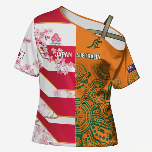 Australia and Japan Rugby Custom Cross Shoulder Shirt Wallabies Brave Blossoms Together