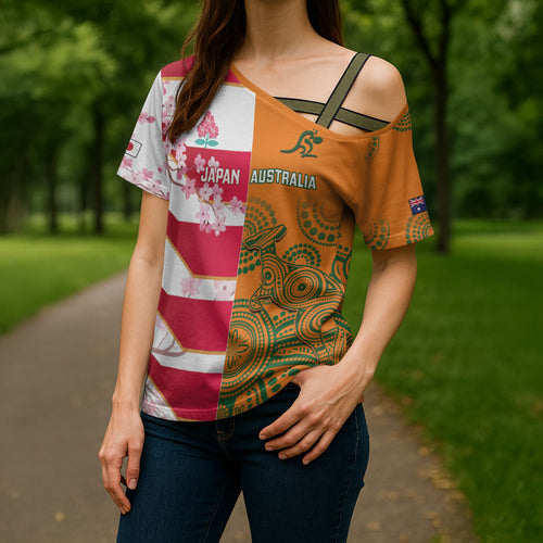 Australia and Japan Rugby Custom Cross Shoulder Shirt Wallabies Brave Blossoms Together