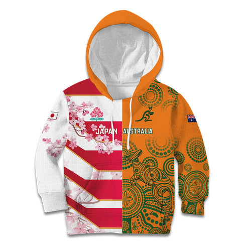 Australia and Japan Rugby Custom Kid Hoodie Wallabies Brave Blossoms Together