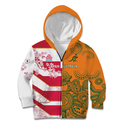 Australia and Japan Rugby Custom Kid Hoodie Wallabies Brave Blossoms Together