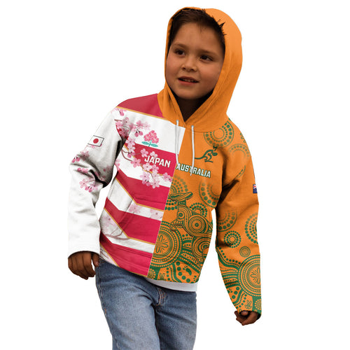 Australia and Japan Rugby Custom Kid Hoodie Wallabies Brave Blossoms Together