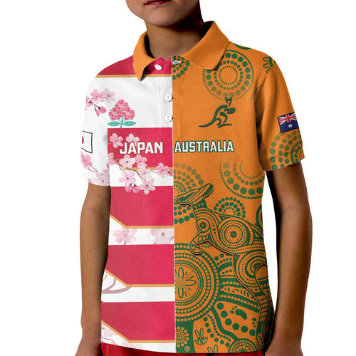 Australia and Japan Rugby Custom Kid Polo Shirt Wallabies Brave Blossoms Together