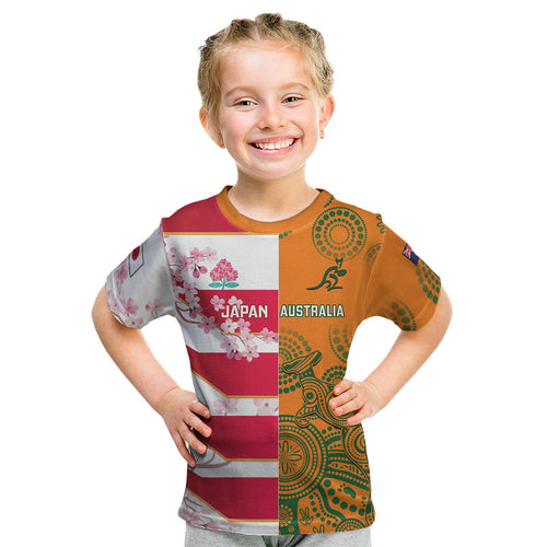 Australia and Japan Rugby Custom Kid T Shirt Wallabies Brave Blossoms Together