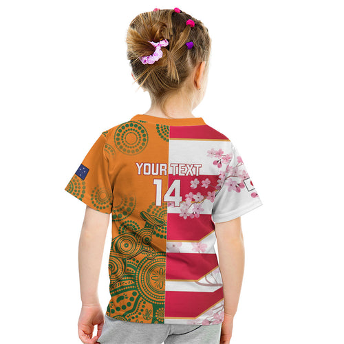 Australia and Japan Rugby Custom Kid T Shirt Wallabies Brave Blossoms Together