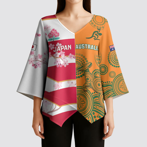 Australia and Japan Rugby Custom Kimono Sleeve Blouse Wallabies Brave Blossoms Together