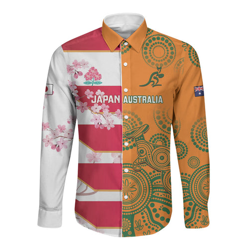 Australia and Japan Rugby Custom Long Sleeve Button Shirt Wallabies Brave Blossoms Together