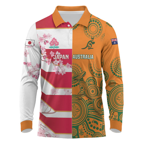Australia and Japan Rugby Custom Long Sleeve Polo Shirt Wallabies Brave Blossoms Together