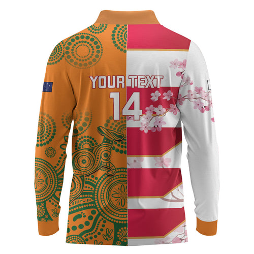 Australia and Japan Rugby Custom Long Sleeve Polo Shirt Wallabies Brave Blossoms Together