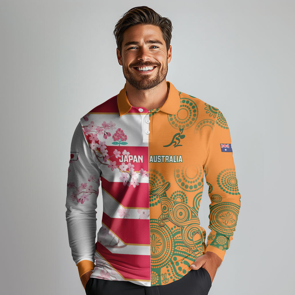 Australia and Japan Rugby Custom Long Sleeve Polo Shirt Wallabies Brave Blossoms Together
