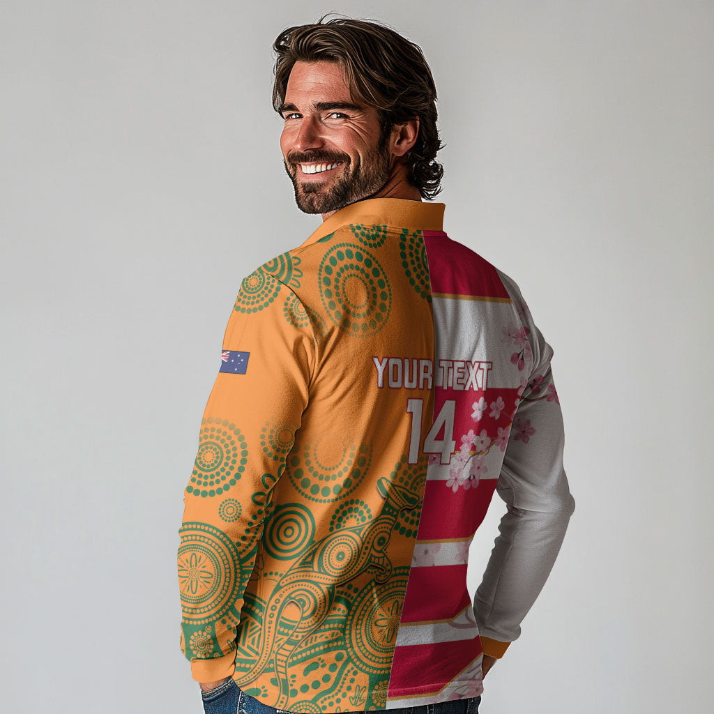 Australia and Japan Rugby Custom Long Sleeve Polo Shirt Wallabies Brave Blossoms Together