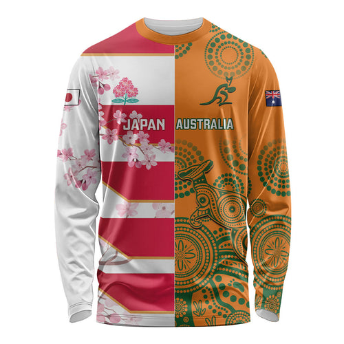 Australia and Japan Rugby Custom Long Sleeve Shirt Wallabies Brave Blossoms Together