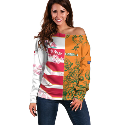 Australia and Japan Rugby Custom Off Shoulder Sweater Wallabies Brave Blossoms Together
