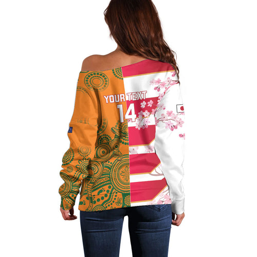 Australia and Japan Rugby Custom Off Shoulder Sweater Wallabies Brave Blossoms Together