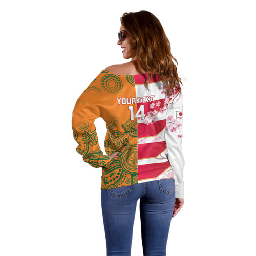 Australia and Japan Rugby Custom Off Shoulder Sweater Wallabies Brave Blossoms Together