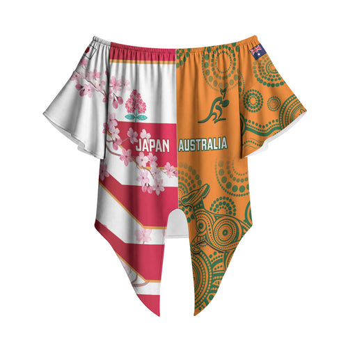 Australia and Japan Rugby Custom Off Shoulder Wrap Waist Top Wallabies Brave Blossoms Together