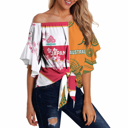 Australia and Japan Rugby Custom Off Shoulder Wrap Waist Top Wallabies Brave Blossoms Together