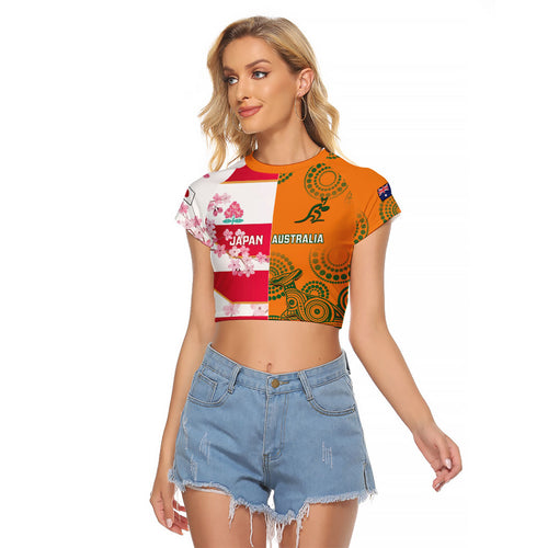 Australia and Japan Rugby Custom Raglan Cropped T Shirt Wallabies Brave Blossoms Together