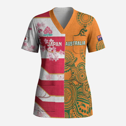 Australia and Japan Rugby Custom Scrub Top Wallabies Brave Blossoms Together
