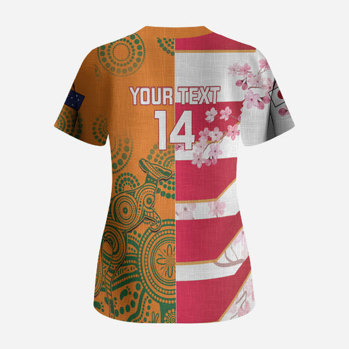 Australia and Japan Rugby Custom Scrub Top Wallabies Brave Blossoms Together