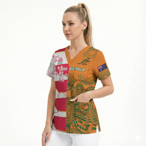 Australia and Japan Rugby Custom Scrub Top Wallabies Brave Blossoms Together