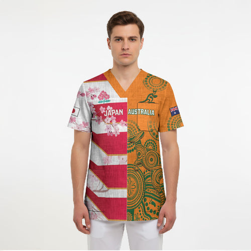 Australia and Japan Rugby Custom Scrub Top Wallabies Brave Blossoms Together