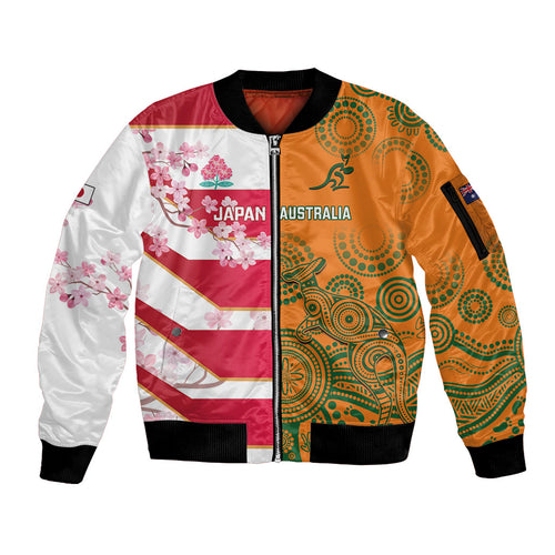 Australia and Japan Rugby Custom Sleeve Zip Bomber Jacket Wallabies Brave Blossoms Together