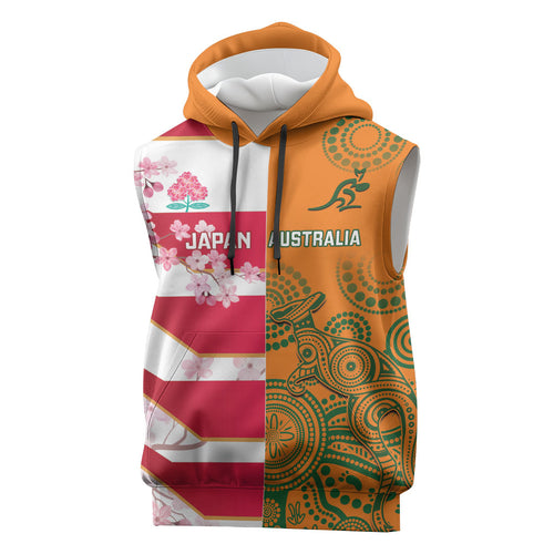 Australia and Japan Rugby Custom Sleeveless Hoodie Wallabies Brave Blossoms Together