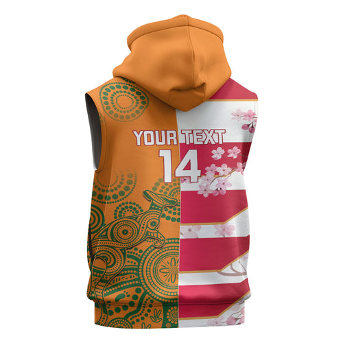 Australia and Japan Rugby Custom Sleeveless Hoodie Wallabies Brave Blossoms Together