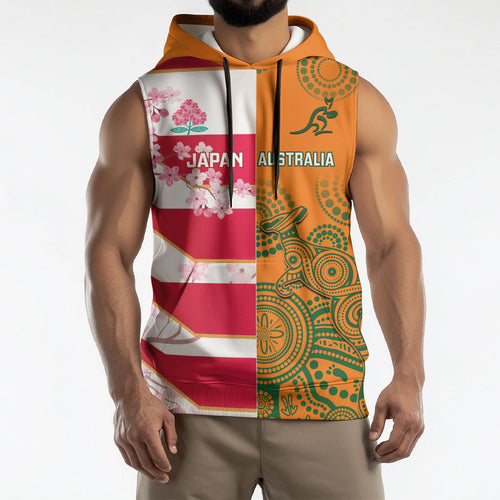 Australia and Japan Rugby Custom Sleeveless Hoodie Wallabies Brave Blossoms Together