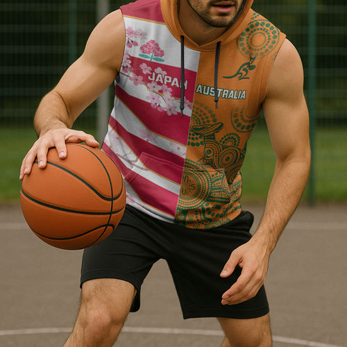 Australia and Japan Rugby Custom Sleeveless Hoodie Wallabies Brave Blossoms Together