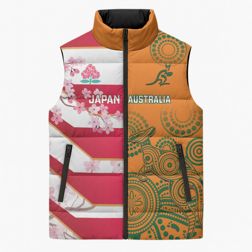 Australia and Japan Rugby Custom Sleeveless Puffer Jacket Wallabies Brave Blossoms Together
