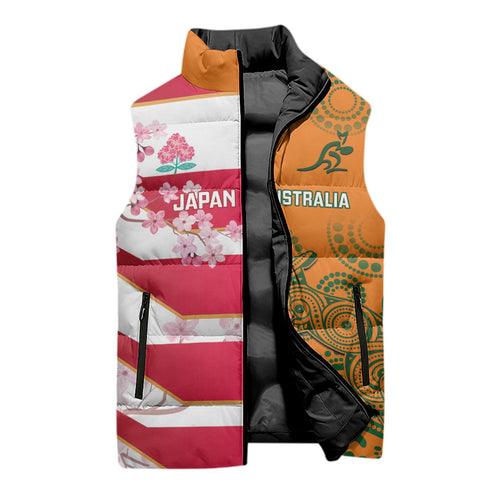 Australia and Japan Rugby Custom Sleeveless Puffer Jacket Wallabies Brave Blossoms Together