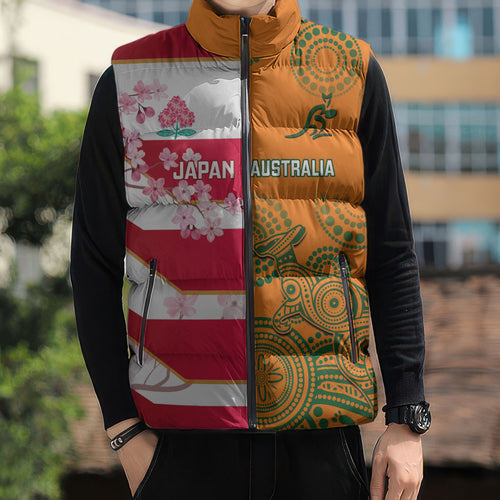 Australia and Japan Rugby Custom Sleeveless Puffer Jacket Wallabies Brave Blossoms Together