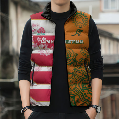 Australia and Japan Rugby Custom Sleeveless Puffer Jacket Wallabies Brave Blossoms Together