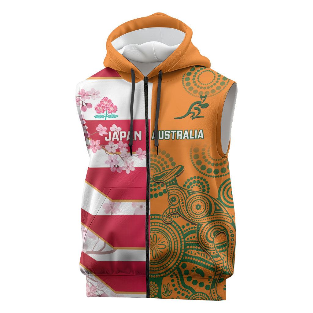 Australia and Japan Rugby Custom Sleeveless Zip Hoodie Wallabies Brave Blossoms Together