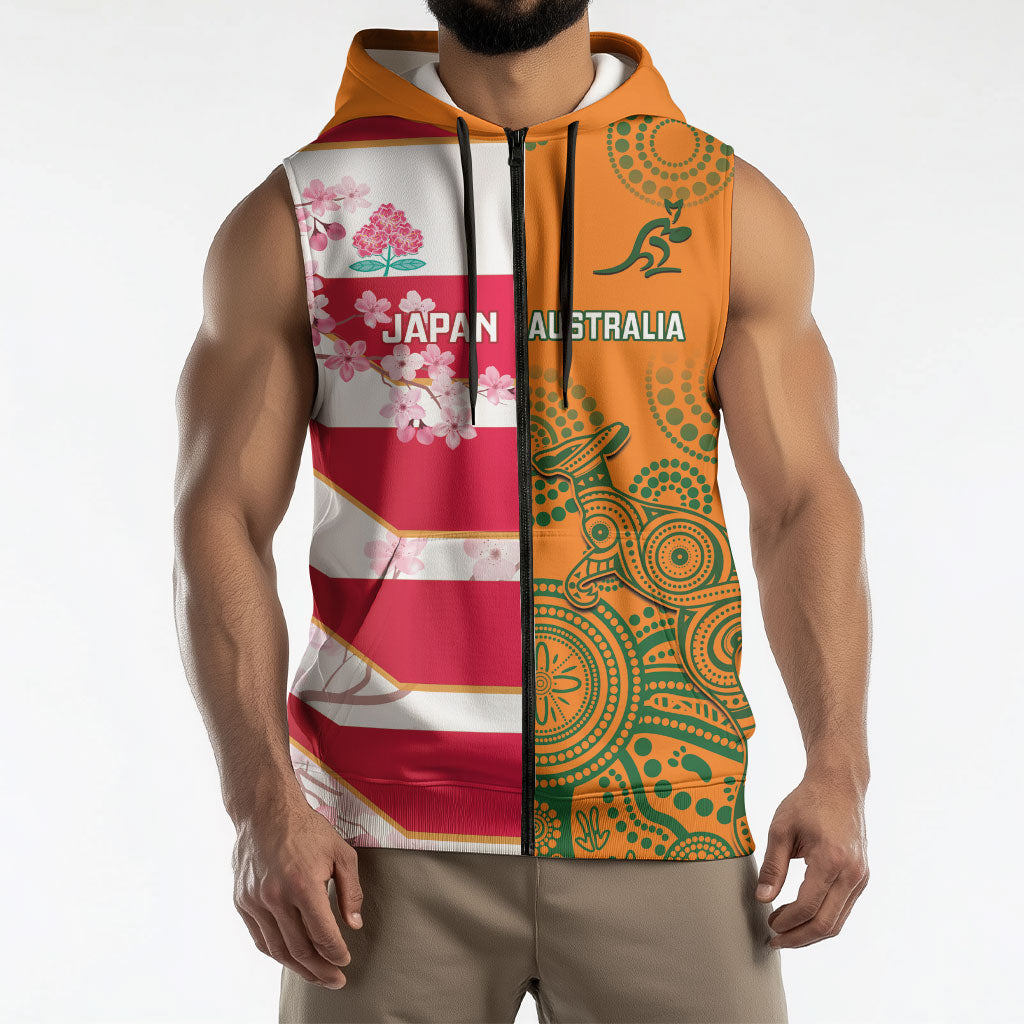 Australia and Japan Rugby Custom Sleeveless Zip Hoodie Wallabies Brave Blossoms Together