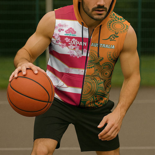 Australia and Japan Rugby Custom Sleeveless Zip Hoodie Wallabies Brave Blossoms Together