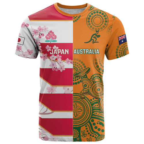 Australia and Japan Rugby Custom T Shirt Wallabies Brave Blossoms Together