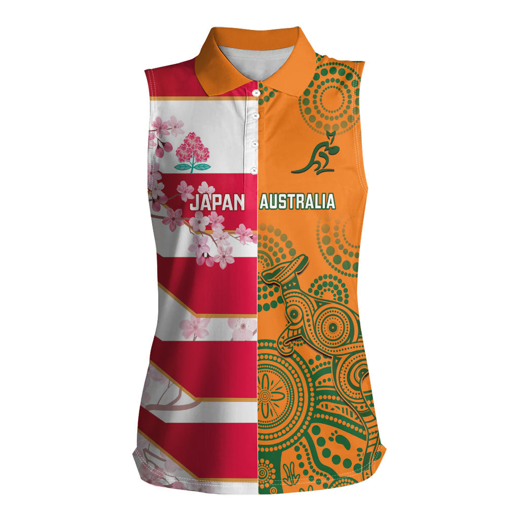 Australia and Japan Rugby Custom Women Sleeveless Polo Shirt Wallabies Brave Blossoms Together