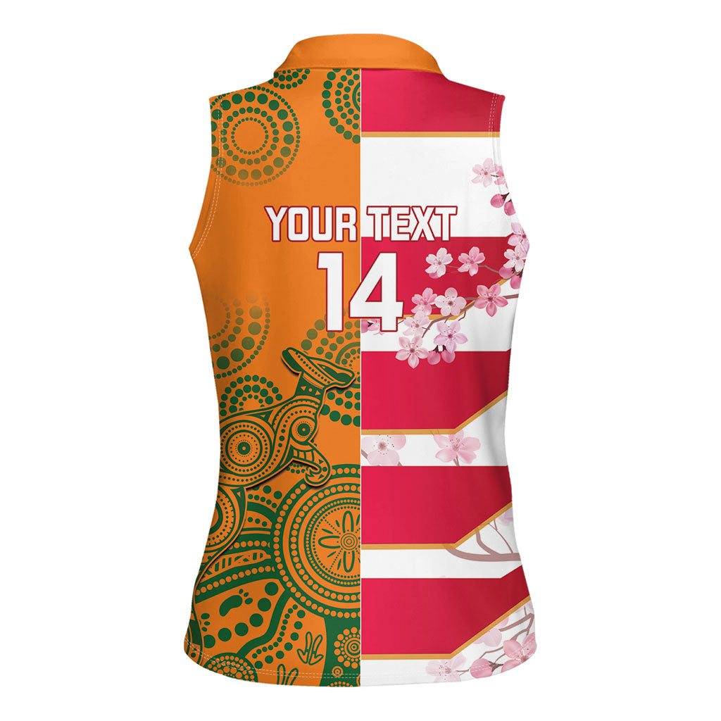 Australia and Japan Rugby Custom Women Sleeveless Polo Shirt Wallabies Brave Blossoms Together