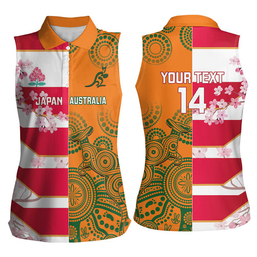 Australia and Japan Rugby Custom Women Sleeveless Polo Shirt Wallabies Brave Blossoms Together
