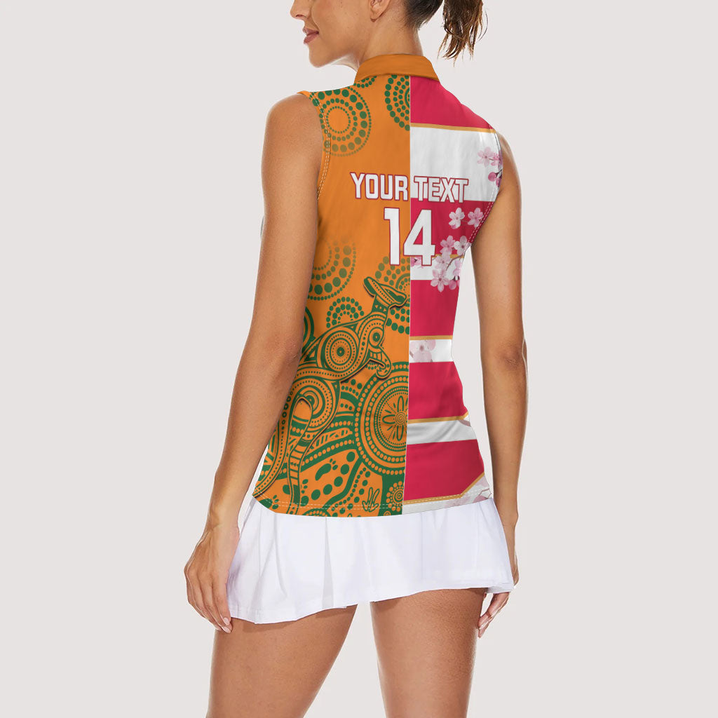 Australia and Japan Rugby Custom Women Sleeveless Polo Shirt Wallabies Brave Blossoms Together