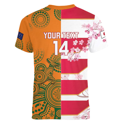 Australia and Japan Rugby Custom Women V-Neck T-Shirt Wallabies Brave Blossoms Together