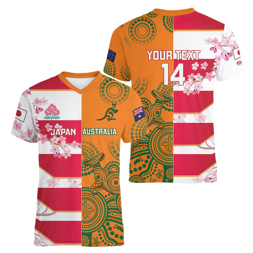 Australia and Japan Rugby Custom Women V-Neck T-Shirt Wallabies Brave Blossoms Together